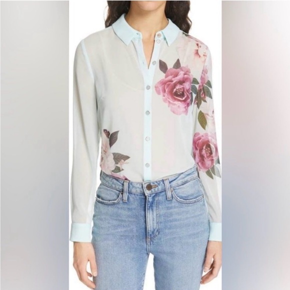 Ted Baker Tops - NWT Ted Baker Sheer Floral Button-Down Blouse - Light Blue/Pink